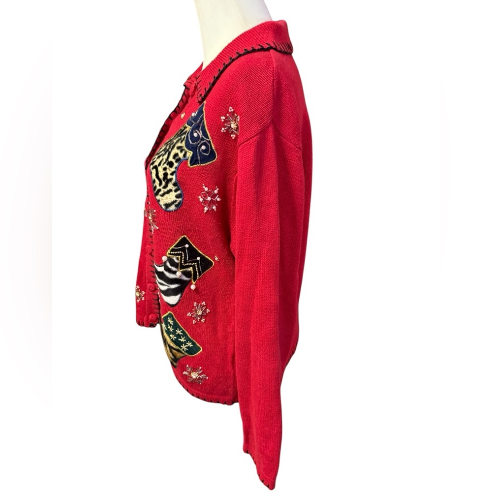 Vintage Nutcracker Christmas Cardigan Sweater Red Animal Print Stockings medium - Picture 7 of 16